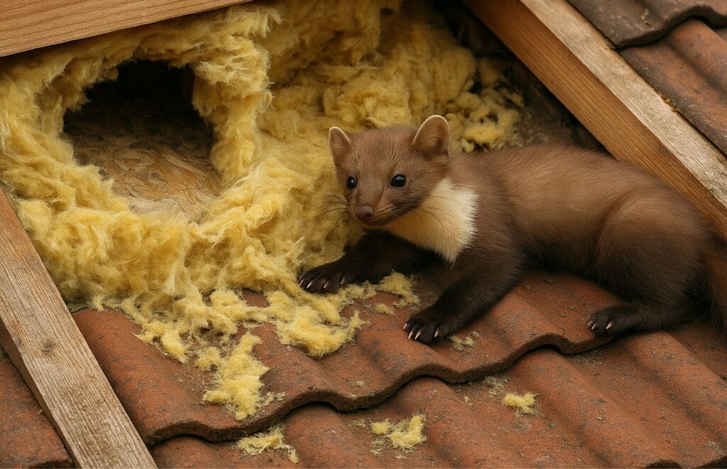 Kuna leżąca przy zniszczonej izolacji dachu