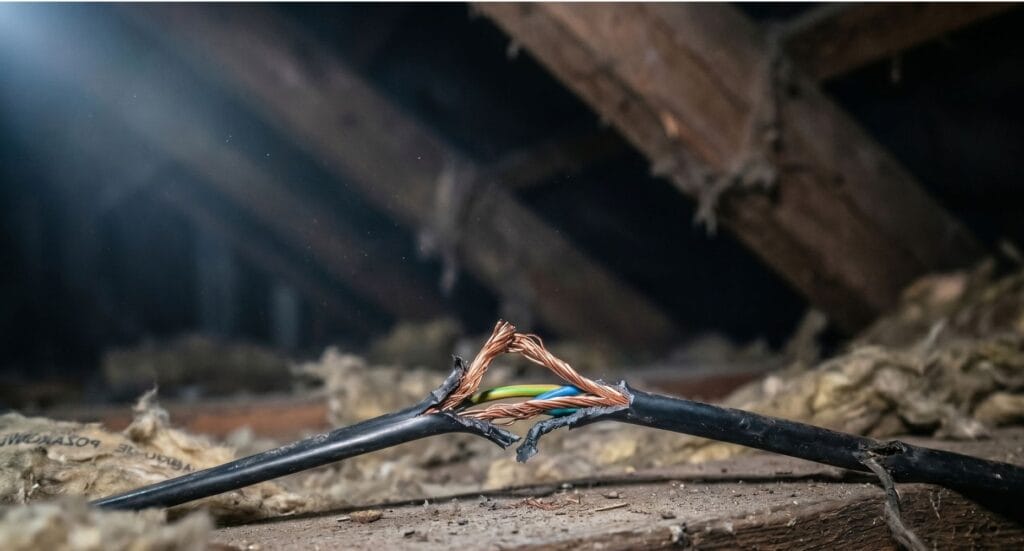 Przegryziona izolacja kabli przez kunę na strychu